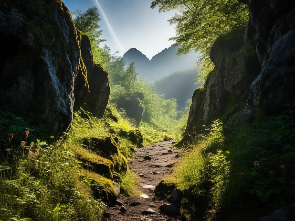 山区登山道上的戏剧光影