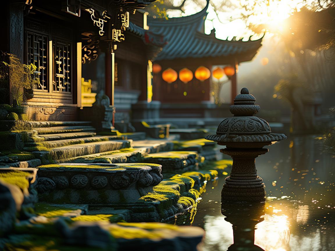 在道观场景中，如何通过光影与布景营造神秘氛围？